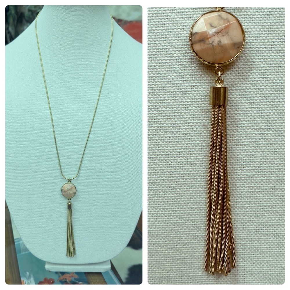 Loft Long Pendant Necklace Gold With Pink Granite Stone And Dangling Gold Ropes